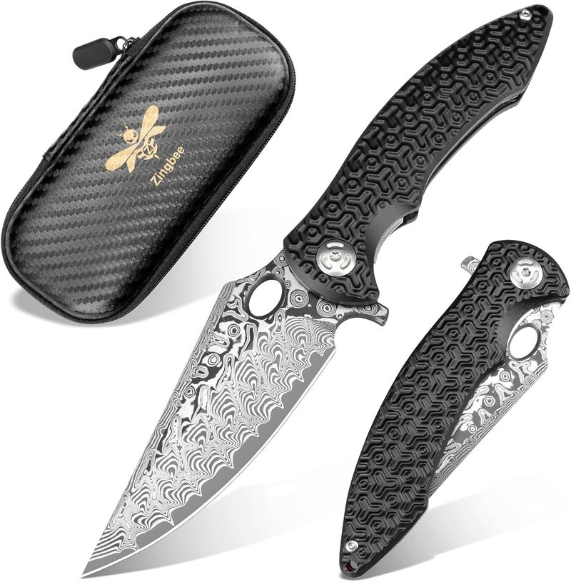 Zingbee Pocket Knife for EDC Damascus Pocket Knife with Black Aluminum Handle 3.3" Damascus Blade Pocket knives & Folding Knives - Image 1